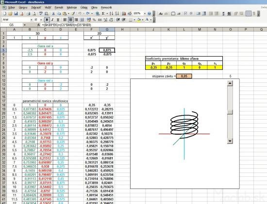 Parametrické ronice 3D cylindrickej skrukovice zobrazené v Exceli